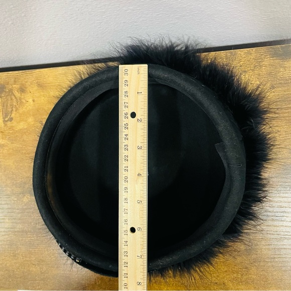 Elegant Black Wool Pill Box Church Hat Feather-Trimmed  with Rhinestone Detail main image 13
